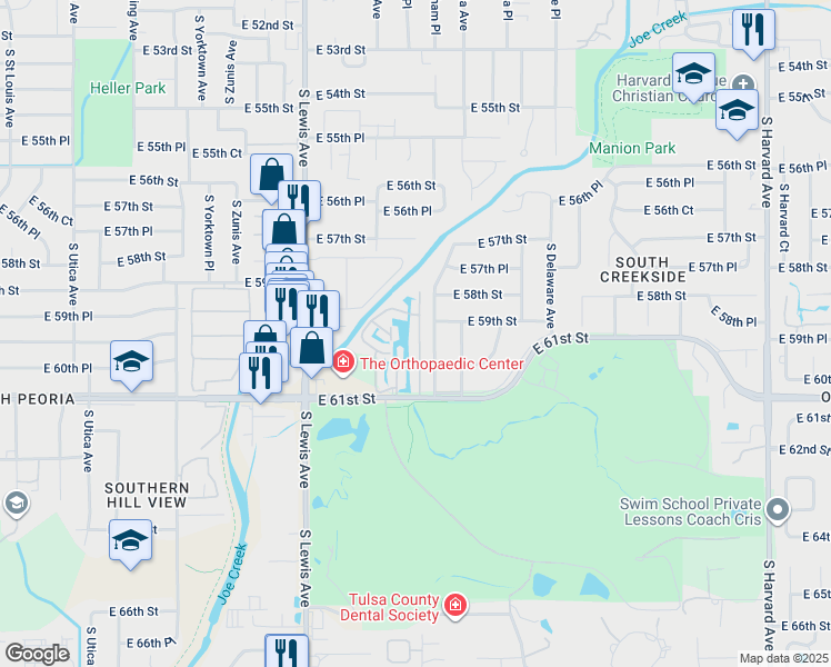 map of restaurants, bars, coffee shops, grocery stores, and more near 5812 South Atlanta Place in Tulsa