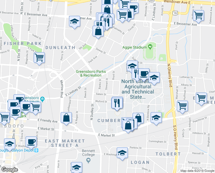 map of restaurants, bars, coffee shops, grocery stores, and more near 416 Stewart Street in Greensboro