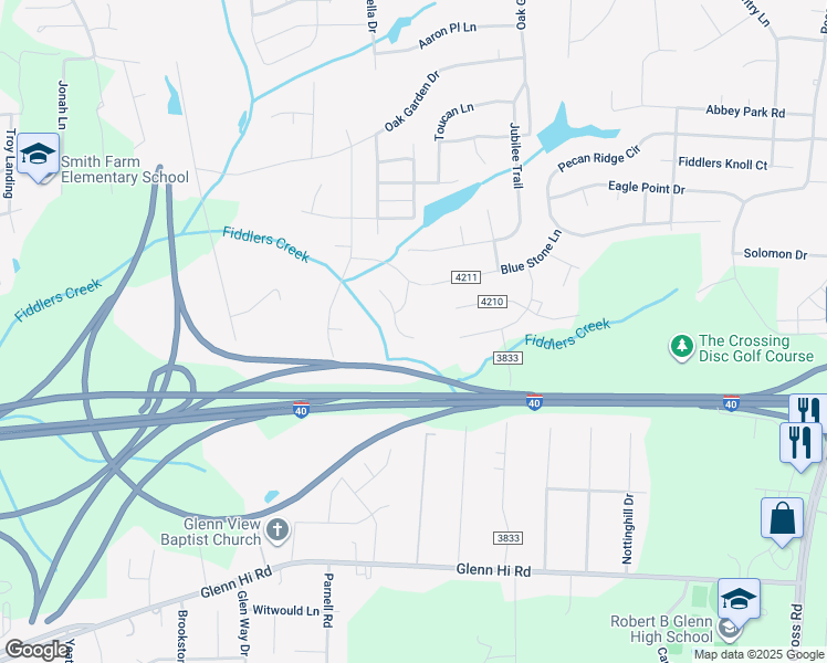 map of restaurants, bars, coffee shops, grocery stores, and more near 2345 Fosterdale West Lane in Kernersville