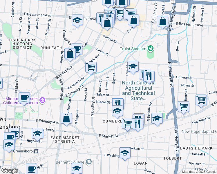 map of restaurants, bars, coffee shops, grocery stores, and more near 416 Stewart Street in Greensboro