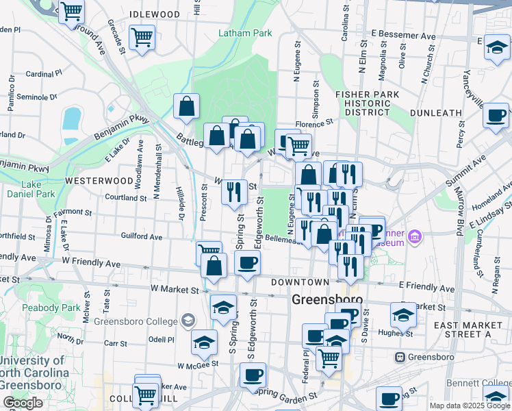 map of restaurants, bars, coffee shops, grocery stores, and more near in Greensboro