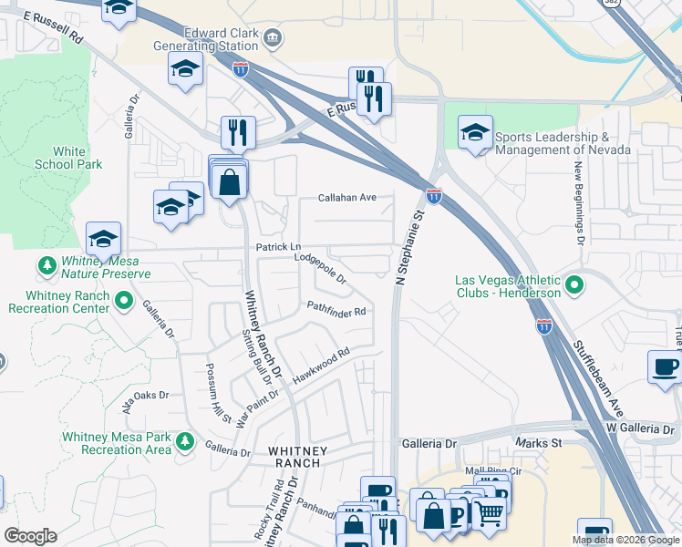map of restaurants, bars, coffee shops, grocery stores, and more near 1424 Lodgepole Drive in Henderson