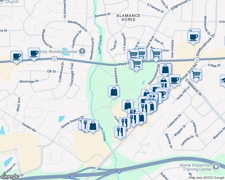 map of restaurants, bars, coffee shops, grocery stores, and more near 3471 Forestdale Drive in Burlington