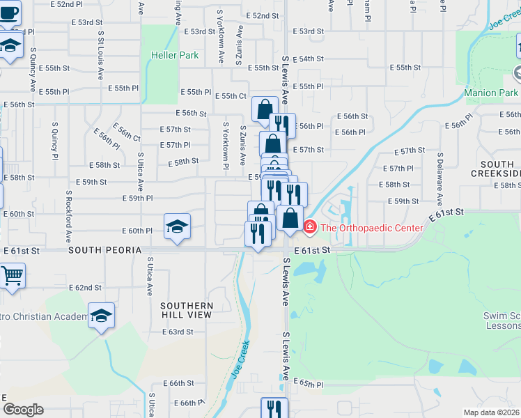 map of restaurants, bars, coffee shops, grocery stores, and more near 2218 East 59th Street in Tulsa