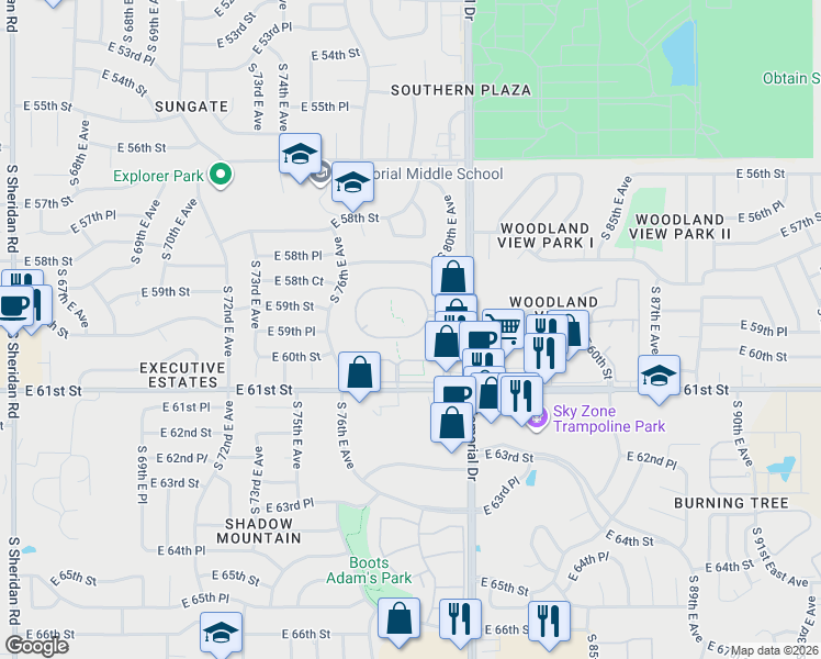 map of restaurants, bars, coffee shops, grocery stores, and more near 6000 South Memorial Drive in Tulsa