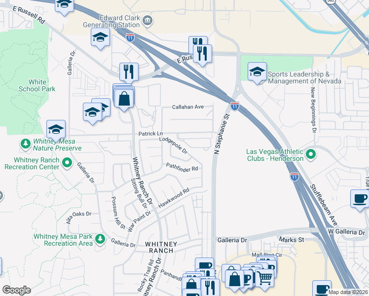map of restaurants, bars, coffee shops, grocery stores, and more near 1424 Lodgepole Drive in Henderson