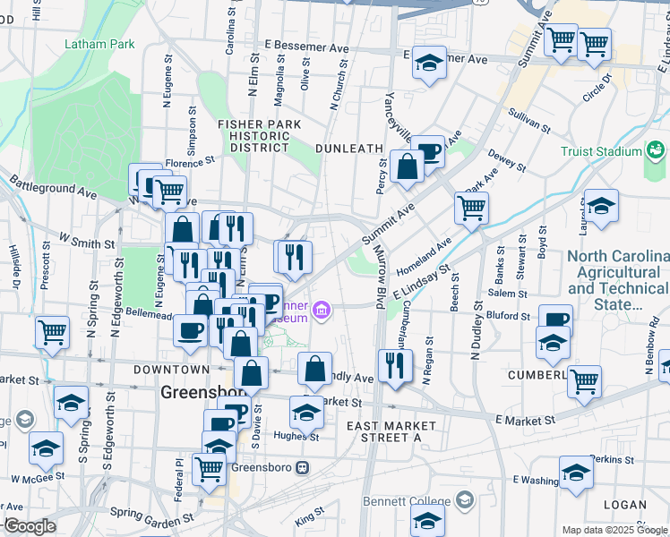 map of restaurants, bars, coffee shops, grocery stores, and more near 351 Summit Avenue in Greensboro