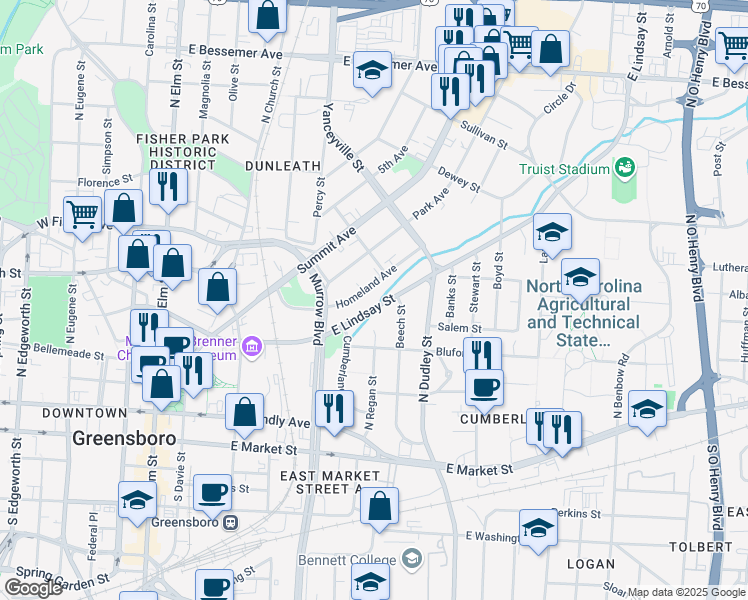 map of restaurants, bars, coffee shops, grocery stores, and more near 417 East Lindsay Street in Greensboro