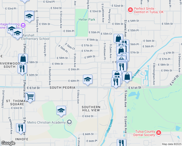 map of restaurants, bars, coffee shops, grocery stores, and more near 1767 East 60th Street in Tulsa