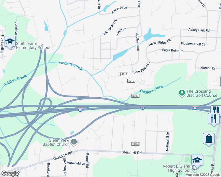map of restaurants, bars, coffee shops, grocery stores, and more near 2345 Fosterdale West Lane in Kernersville