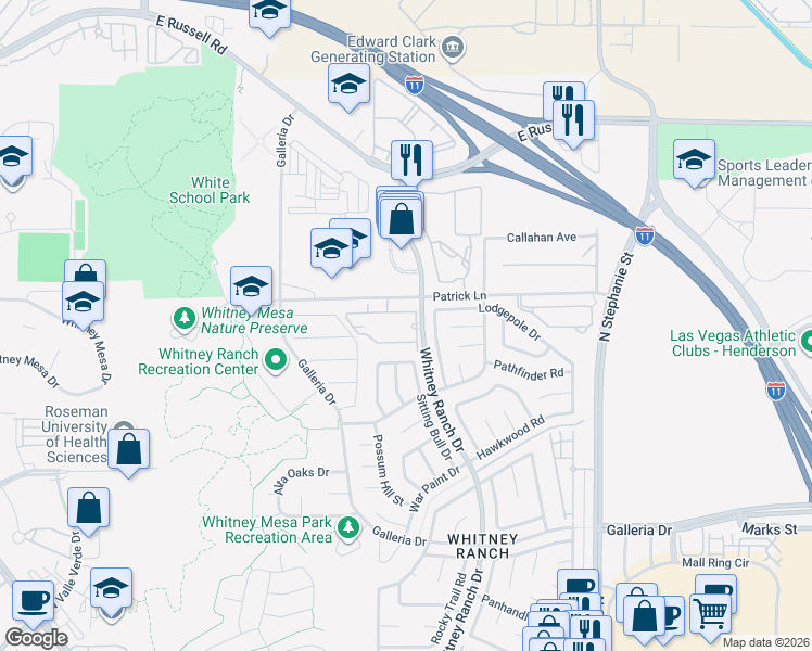map of restaurants, bars, coffee shops, grocery stores, and more near 1474 Lodgepole Drive in Henderson