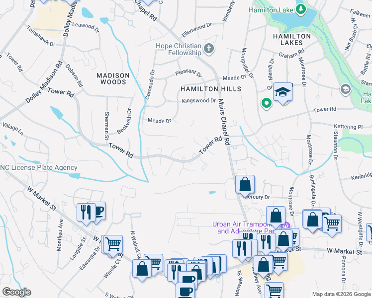 map of restaurants, bars, coffee shops, grocery stores, and more near 4828 Tower Road in Greensboro