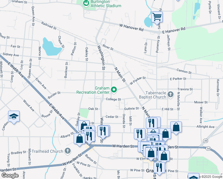 map of restaurants, bars, coffee shops, grocery stores, and more near Sideview Street in Graham