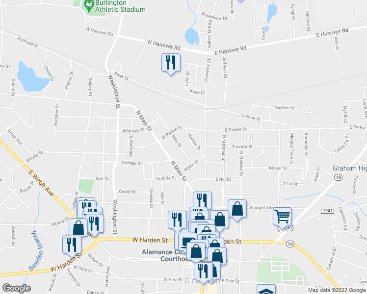 map of restaurants, bars, coffee shops, grocery stores, and more near 619 New Street in Graham
