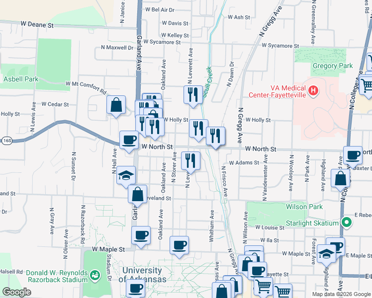 map of restaurants, bars, coffee shops, grocery stores, and more near 1137 North Leverett Avenue in Fayetteville