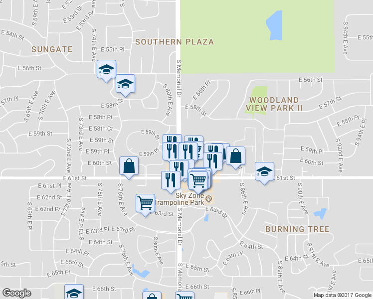 map of restaurants, bars, coffee shops, grocery stores, and more near 6000 South Memorial Drive in Tulsa