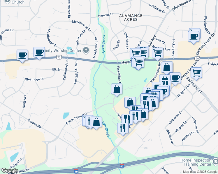 map of restaurants, bars, coffee shops, grocery stores, and more near 3477 Forestdale Drive in Burlington