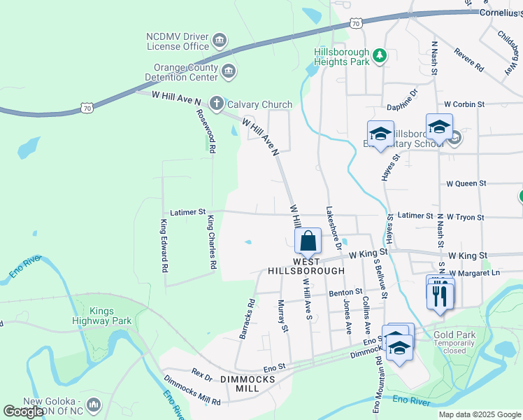 map of restaurants, bars, coffee shops, grocery stores, and more near 724 Latimer Street in Hillsborough