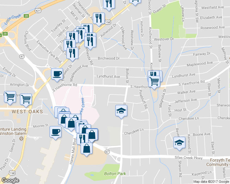map of restaurants, bars, coffee shops, grocery stores, and more near 2825 Hermitage Drive in Winston-Salem