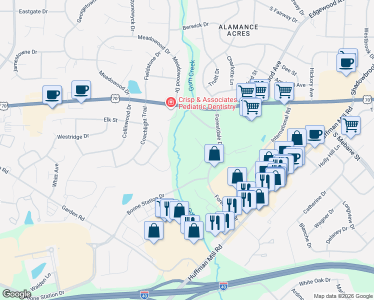map of restaurants, bars, coffee shops, grocery stores, and more near 3487 Forestdale Drive in Burlington