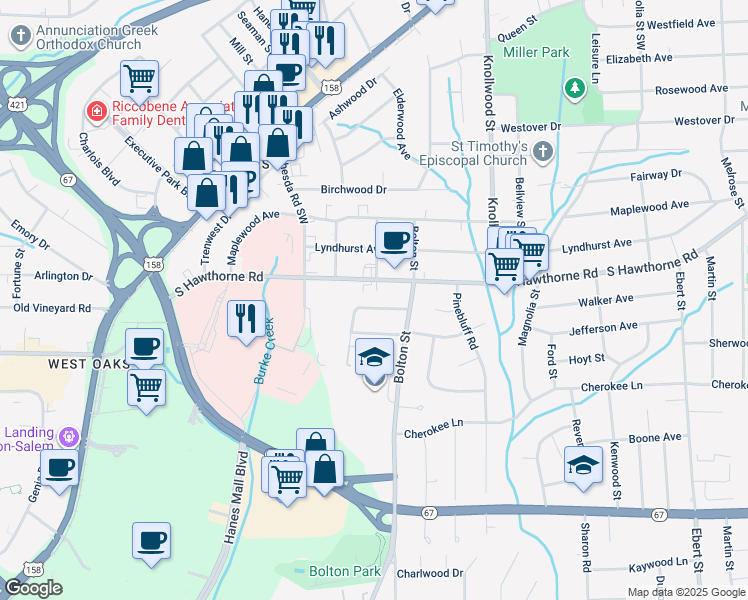 map of restaurants, bars, coffee shops, grocery stores, and more near 2825 Hermitage Drive in Winston-Salem