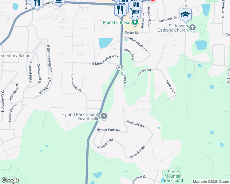 map of restaurants, bars, coffee shops, grocery stores, and more near 1208 North Crossover Road in Fayetteville