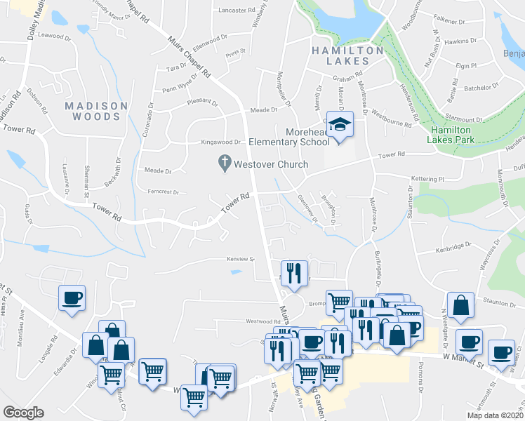 map of restaurants, bars, coffee shops, grocery stores, and more near 416 Muirs Chapel Road in Greensboro