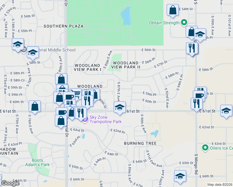 map of restaurants, bars, coffee shops, grocery stores, and more near 8655 East 61st Street in Tulsa