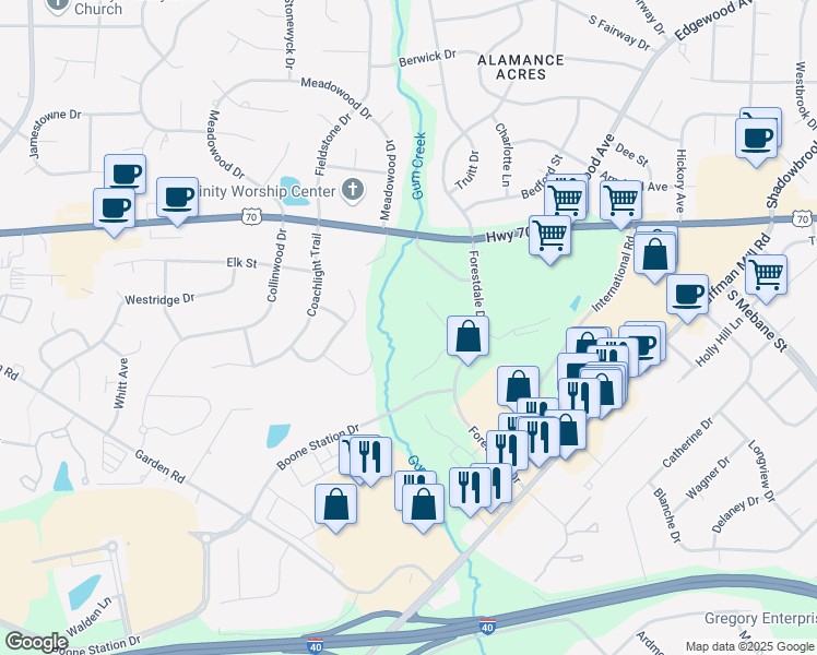 map of restaurants, bars, coffee shops, grocery stores, and more near 3491 Forestdale Drive in Burlington