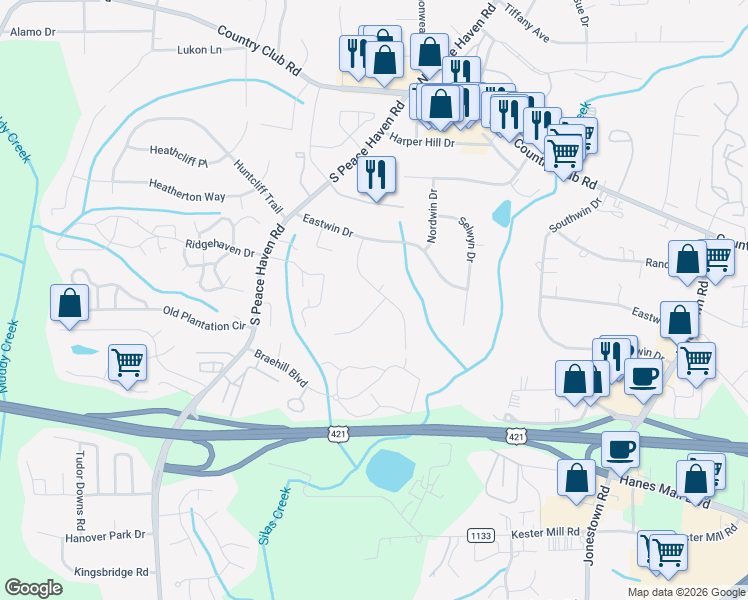 map of restaurants, bars, coffee shops, grocery stores, and more near 4901 Gladwyn Drive in Winston-Salem