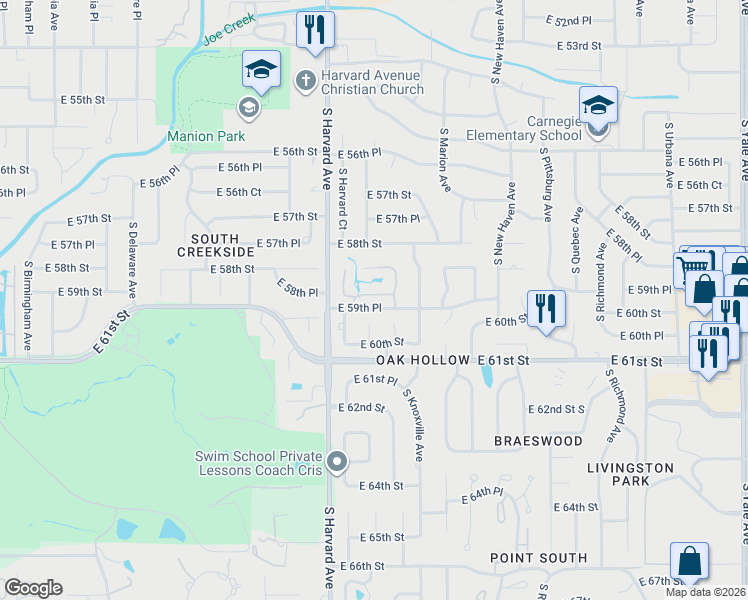 map of restaurants, bars, coffee shops, grocery stores, and more near 3407 East 59th Street in Tulsa