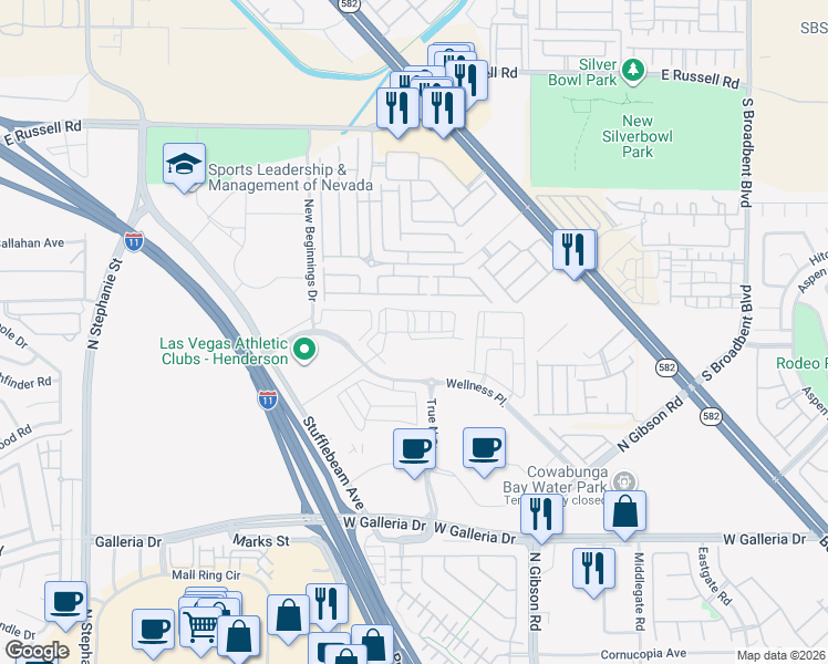 map of restaurants, bars, coffee shops, grocery stores, and more near 6365 Dan Blocker Avenue in Henderson