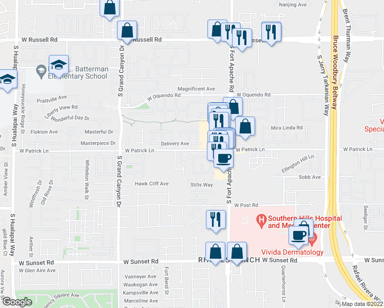 map of restaurants, bars, coffee shops, grocery stores, and more near 9529 Delivery Avenue in Las Vegas