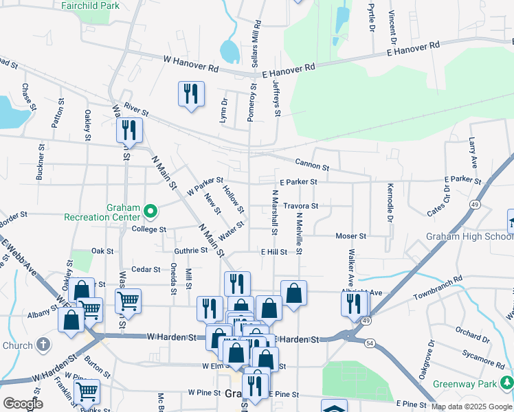 map of restaurants, bars, coffee shops, grocery stores, and more near 109 East Parker Street in Graham