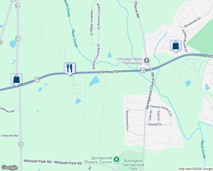 map of restaurants, bars, coffee shops, grocery stores, and more near 7277 Burlington Road in Whitsett
