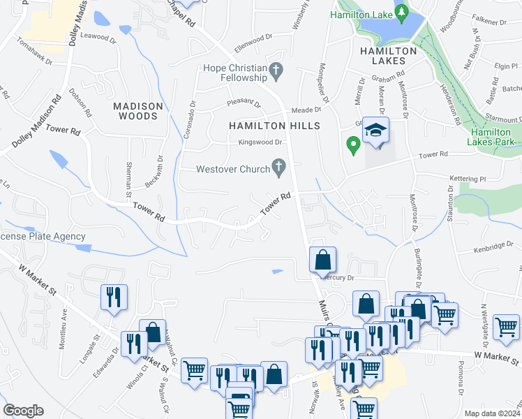 map of restaurants, bars, coffee shops, grocery stores, and more near 4816 Tower Road in Greensboro