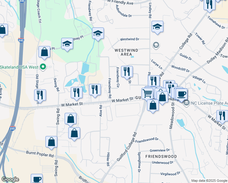 map of restaurants, bars, coffee shops, grocery stores, and more near 29 Friendway Circle in Greensboro