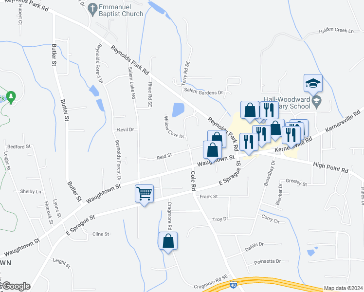 map of restaurants, bars, coffee shops, grocery stores, and more near 2894b Willow Cove Drive in Winston-Salem