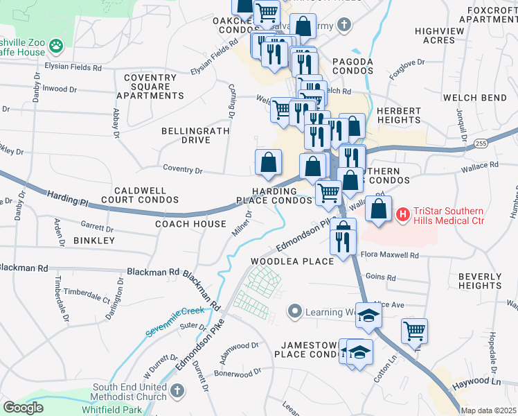 map of restaurants, bars, coffee shops, grocery stores, and more near 501 Harding Place in Nashville