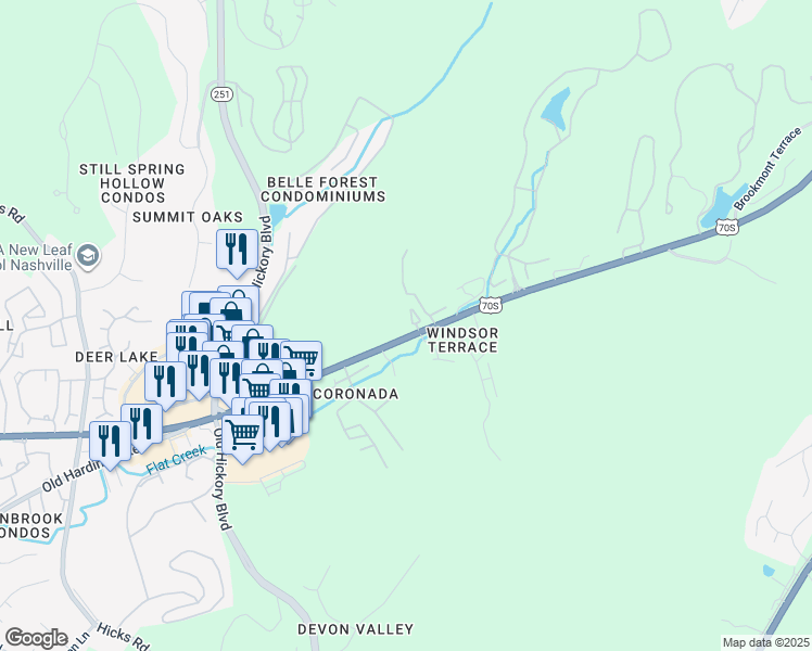 map of restaurants, bars, coffee shops, grocery stores, and more near 6934 U.S. 70S in Nashville