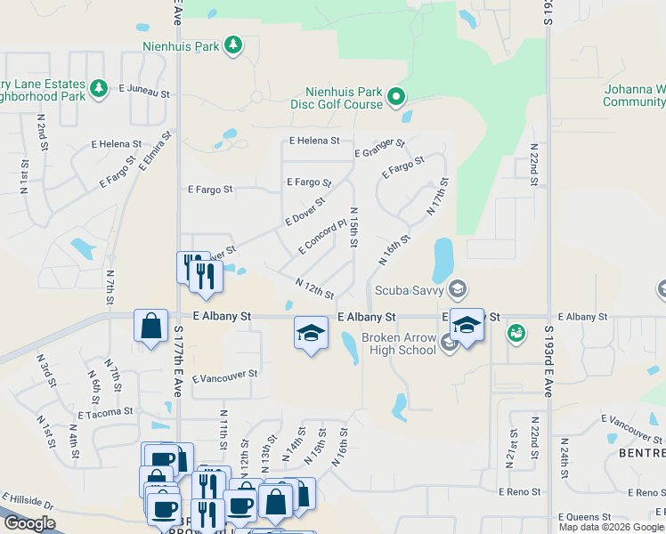 map of restaurants, bars, coffee shops, grocery stores, and more near 1413 East Concord Street in Broken Arrow