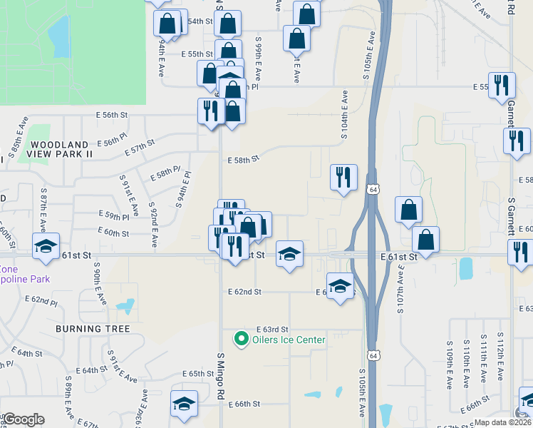 map of restaurants, bars, coffee shops, grocery stores, and more near 9811 East 59th Street in Tulsa