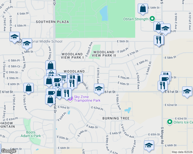 map of restaurants, bars, coffee shops, grocery stores, and more near 8655 East 61st Street in Tulsa