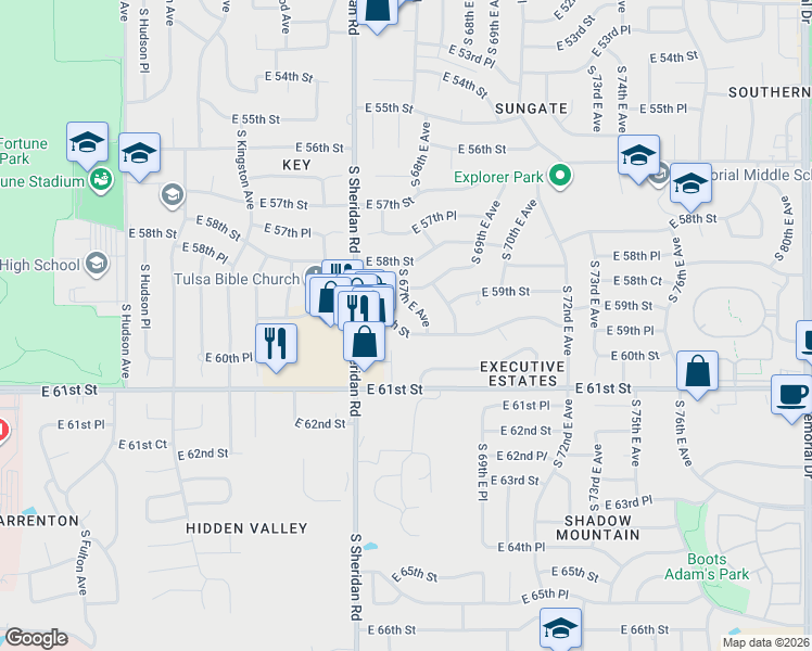 map of restaurants, bars, coffee shops, grocery stores, and more near 5840 South 67th East Avenue in Tulsa