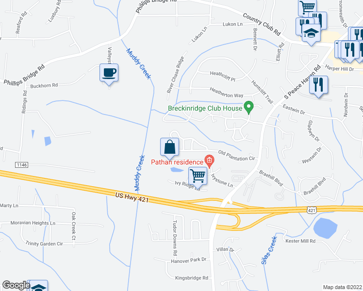 map of restaurants, bars, coffee shops, grocery stores, and more near 220 Sugarcane Lane in Winston-Salem