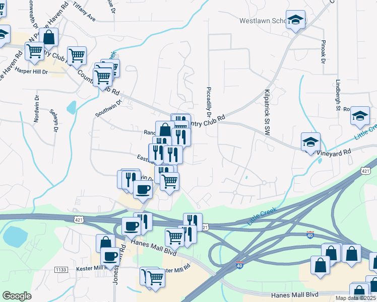 map of restaurants, bars, coffee shops, grocery stores, and more near 200 Araminta Drive in Winston-Salem