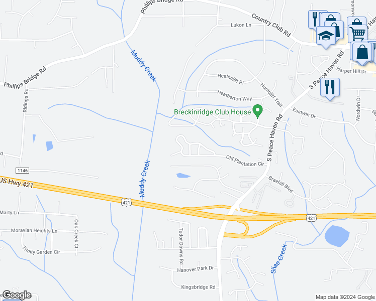map of restaurants, bars, coffee shops, grocery stores, and more near 220 Sugarcane Lane in Winston-Salem