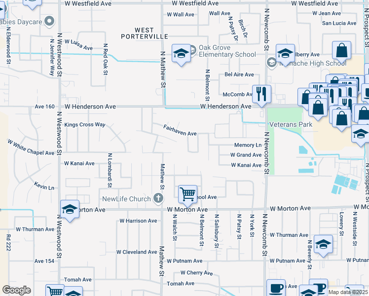 map of restaurants, bars, coffee shops, grocery stores, and more near 637 North Verdugo Drive in Porterville