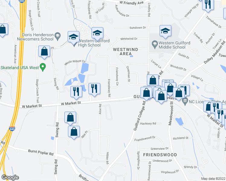 map of restaurants, bars, coffee shops, grocery stores, and more near 22 Friendway Circle in Greensboro