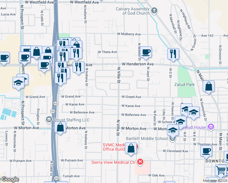 map of restaurants, bars, coffee shops, grocery stores, and more near 600 West Grand Avenue in Porterville